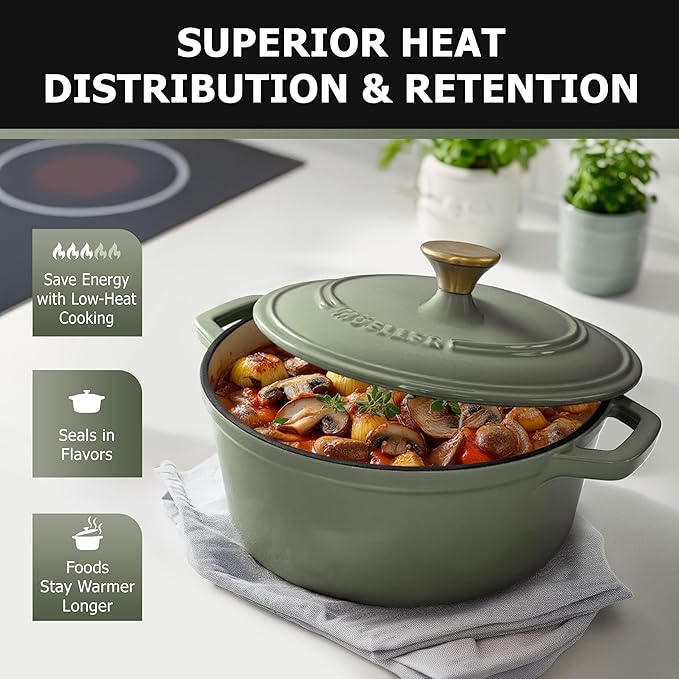 MUELLER HOME 6 Quart Enameled Cast Iron Dutch Oven For Sourdough Bread Baking, Heavy-Duty, Oven-Safe up to 500° F & Across All Cooktops, Casserole Dishes, Green Kitchen Accessories, Thyme Green
