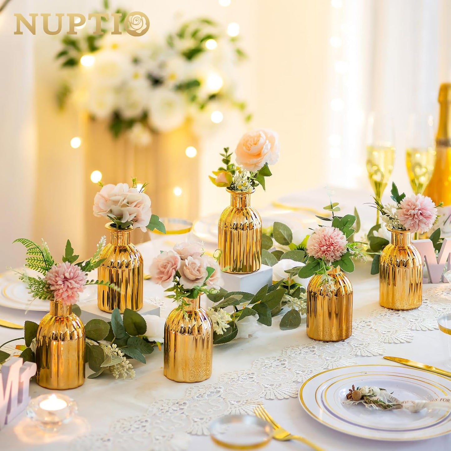 NUPTIO Bud Vases Small Gold: 12 Pcs Glass Vase Set in Bulk for Flowers - Mini Vintage Flower Bottle Single Assorted Vases for Wedding Table Centerpieces
