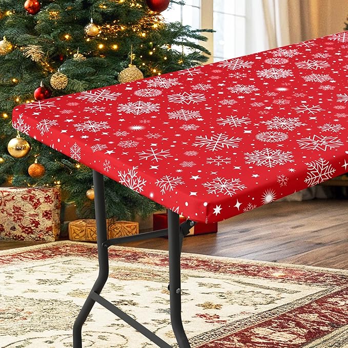 homing Rectangle Table Cloth Cover, Waterproof Polyester Elastic Fitted Tablecloth, Fits for 6 Foot Folding Tables, Washable Table Protector for Christmas, Holiday, Party (Snowflakes, 30" x 72")