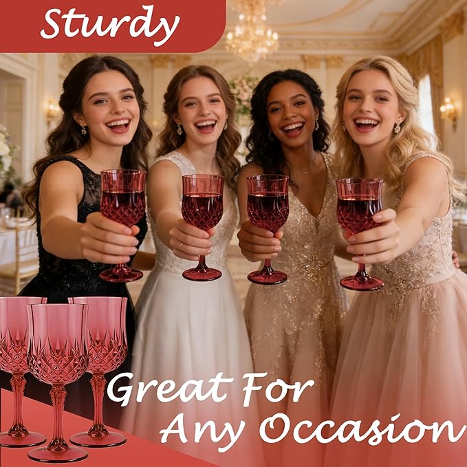 Plastic Wine Glasses, Plastic Goblets Vintage Style Cordial Unbreakable Drinking Glasses, Reusable Drinkware for Wedding Reception, Grand Event Party Supplies, Mother's Day (12, Burgundy)