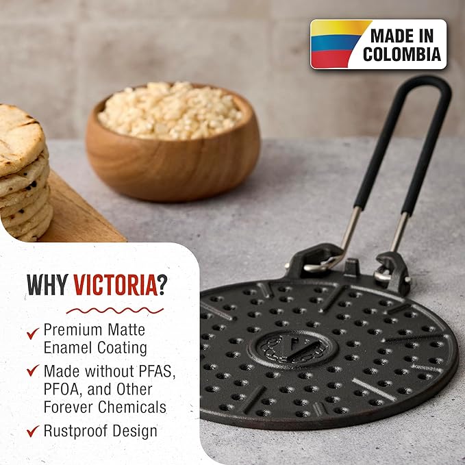 Victoria Cast Iron Arepa Grill, Enameled Parilla for Tortillas and Flatbreads, Heat Diffuser, Parrilla Asadora para Arepas, 8 Inches, Made in Colombia