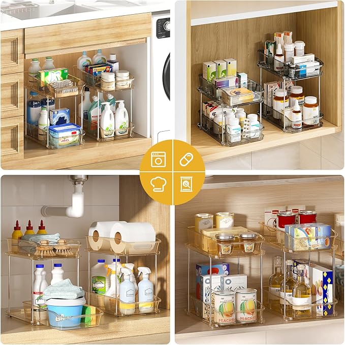 Delamu 2-Tier Under Sink Organizers and Storage, Multi-Purpose Stackable Bathroom Cabinet organizers, Pull Out Kitchen Pantry Organization and Storage with Dividers(4 Pack, Amber)