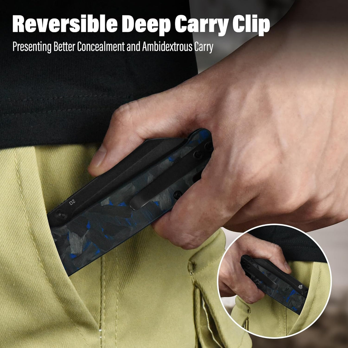 QSP Penguin V2 Folding Pocket Knife, 3.06" D2 Black Stonewash Blade EDC Knife, Blue Shredded CF Overlay G10 Handle, Liner Lock, Ceramic Ball Bearings, Reversible SS Deep Carry Clip