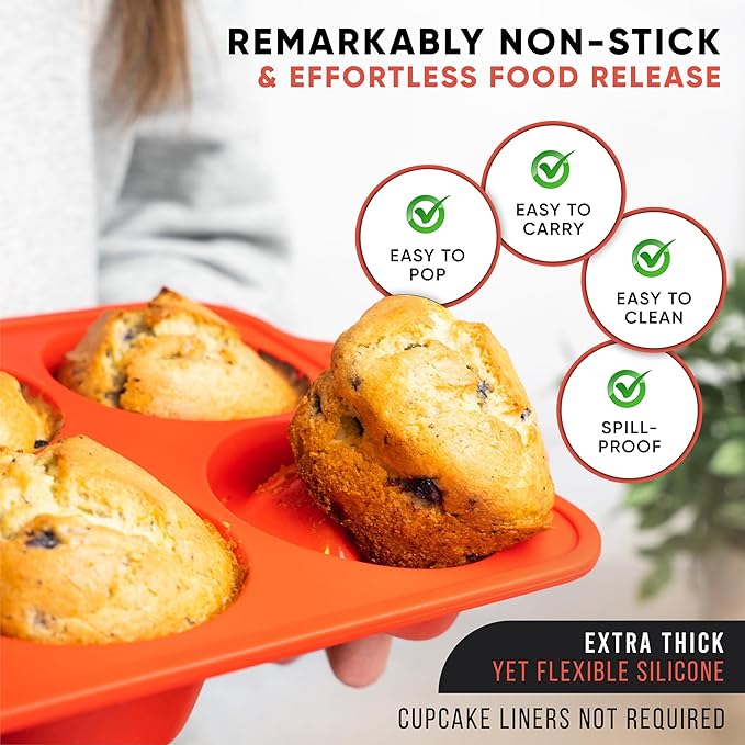 BAKE BOSS Silicone Jumbo Muffin Pan 6 Cup–Non-Stick Cupcake Pans for Baking, Heavy-Duty Large Silicone Muffin Pans for Baking, BPA-Free, Easy-Release, Oven & Dishwasher Safe
