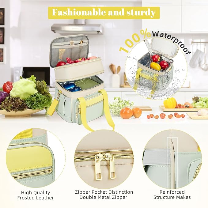 holuxer Insulated Lunch Bag & Lunch Box for Women - Double Deck Reusable Lunch Bag for men Tote Cooler Bag Leakproof Soft Expandable - Large Lunchbox for Work/Adult/Picnic/Outdoor (Green，15L)