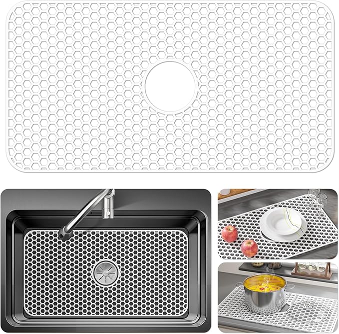 Bestjing Silicone Sink Protectors for Kitchen Sink with Center Drain - 29.7"x 15.5" Kitchen Protector Accessory, Non-Slip Heat Resistan Mat for Bottom of Farmhouse Stainless Steel Porcelain (White)