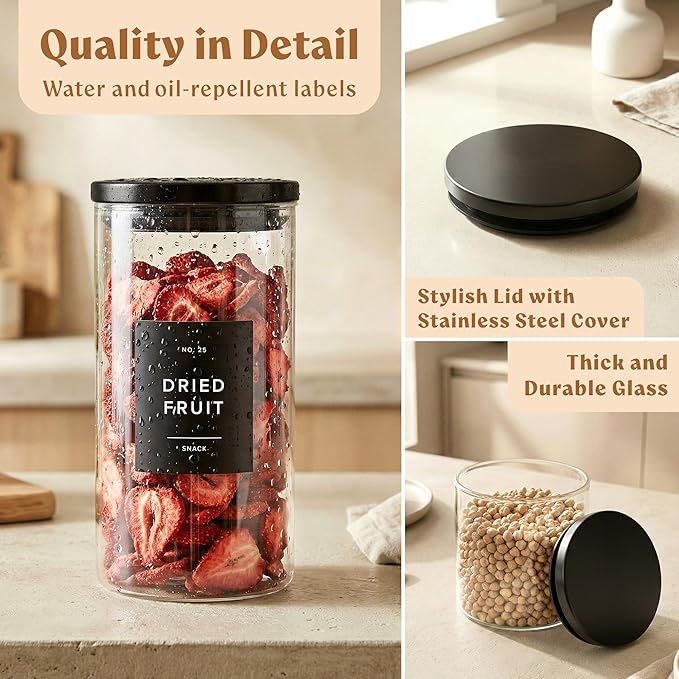 EDELHAUS Glass Storage Containers with Black Lids [Extra Thick Glas] with 54 Labels - Canister For Pantry Noodles Flour Cereal Rice Sugar Tea Coffee Beans - Round Set of 5x