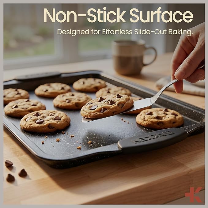 BAKKEN Kitchen Baking Pan Set - Nonstick Coating, Carbon Steel Bakeware Sets with Gray Silicone Handles, Baking Kitchen Essentials, PFOA, PFOS, PTFE Free, Oven Safe Tray (Up To 450° F), Set of 10