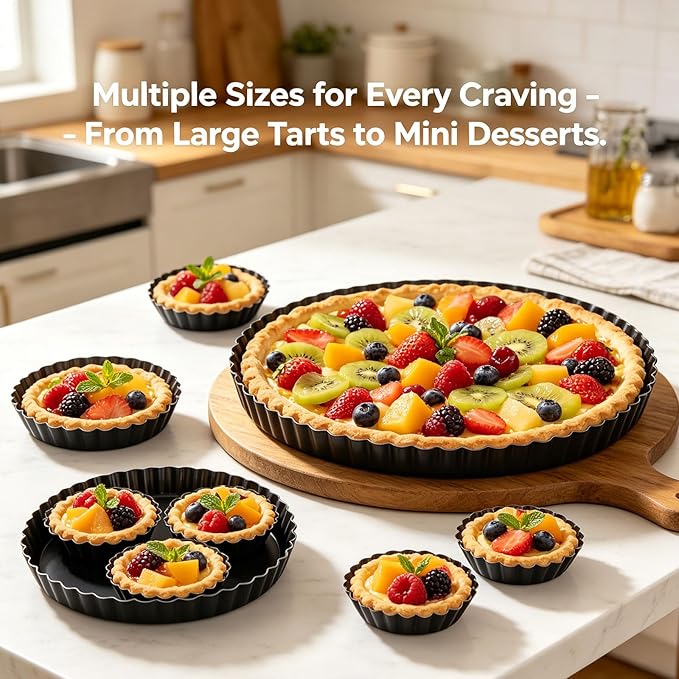 Tart Pan Set, 10 & 9 Inch Tart Pans with 5 & 4 Inch Mini Tart Pans Removable Bottom, Quiche Pan Carbon Steel Heavy Duty Nonstick Pie Pan- Fluted Edges for Baking Fruit Tartets, Pastries
