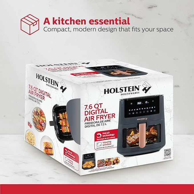 Holstein Housewares 7.6 QT Digital Air Fryer 8-in-1 with Hot Air Technology, Family Size, Viewing Window & Led Display. Air Fry, Bake, Grill, Dehydrate & Roast, Less Oil Use for Healthier Meals