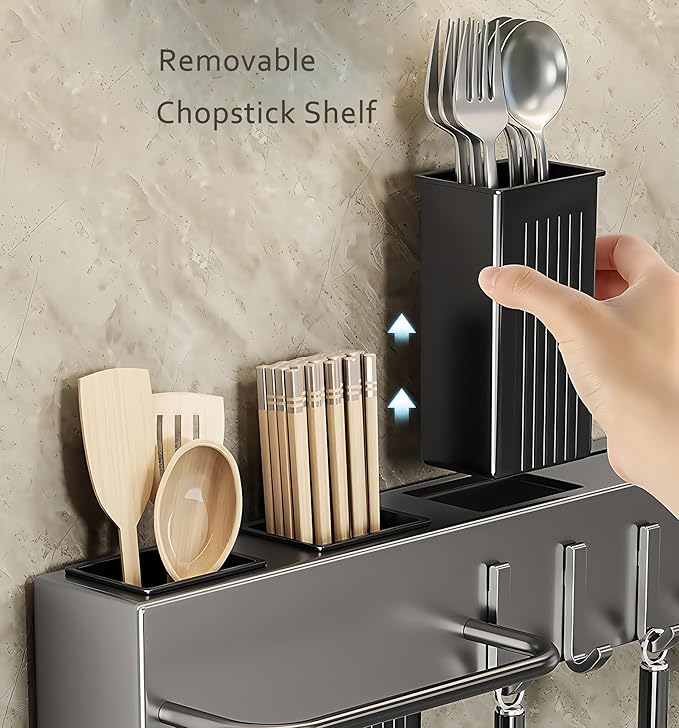 SEIDO Carbon Steel Utensil Rack – Space-Saving 20" L Kitchen Organizer with hooks & hanging bar, Gunmetal Gray Knife Holder, 2 Installation Options (Adhesive/Screwed)