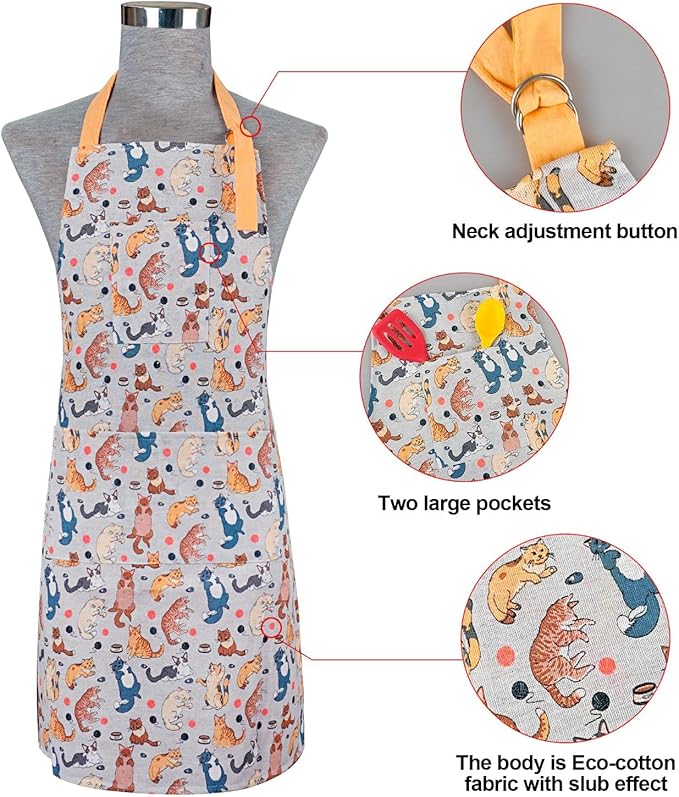 Alselo Oven Mitts and Pot Holders with Chef Apron,Set of 5 Heat Resistant Kitchen Gloves and Silicone Non-Slip Potholders Adjustable Neck Buckle Chef Apron, Cotton Nice Design for Cooking (Cat)