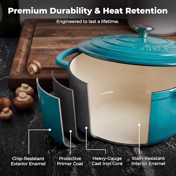 Zulay Kitchen 6 Quart Enameled Cast Iron Dutch Oven Pot with Lid – Premium Durability & Oven Safe up to 500°F – Heavy Duty Cookware Perfect for Bread Baking, Stews, Braising & Roasting - Light Blue