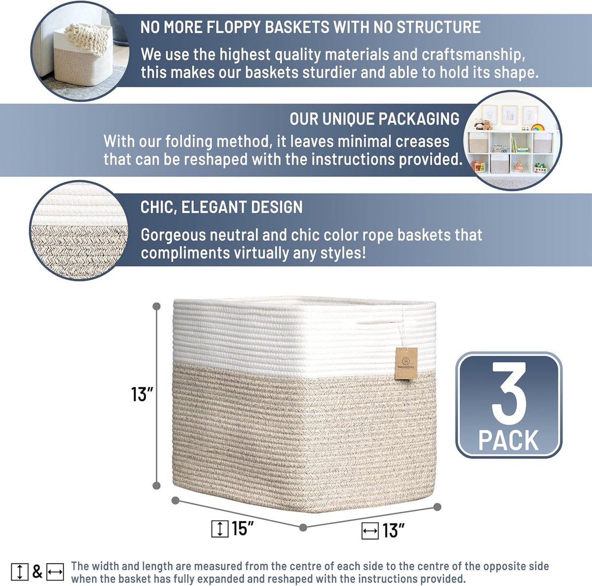 NaturalCozy 13x15x13 Kallax Storage Cubes Bins, 3 Pack | Cotton Rope Cube Storage Bin Woven Baskets for Organizing | Kallax Insert Storage Baskets for Shelves Organizer, Kids Toy, Closet Baby Nursery