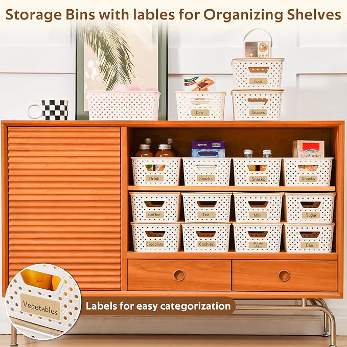 8 Pack Plastic Storage Bins with Bamboo Lids - Stackable Storage Baskets with Handle for Pantry Organizer and Storage, Plastic Containers Bins Lidded Storage Bins for Classroom Office Shelves