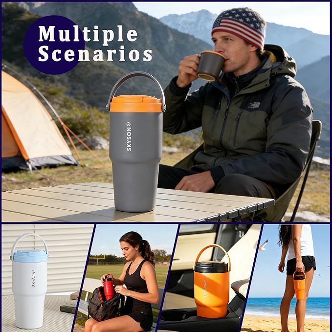 minkah Fast Extraction Mini Electric Coffee Maker - Portable Filter Coffee Brewer for Travel,Insulated Stainless Steel Tumbler,30 oz Reusable Iced Coffee Cup Machine,Hot Coffee Mug with Lid (White)