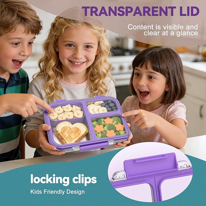 Stainless Steel Bento Box for Kids, 3-Compartment Metal Lunch Box with Clear Lid & Removable Silicone, Lunch Box Kids with Silicone Inner Container for Meal Prep, School, Office (Purple)