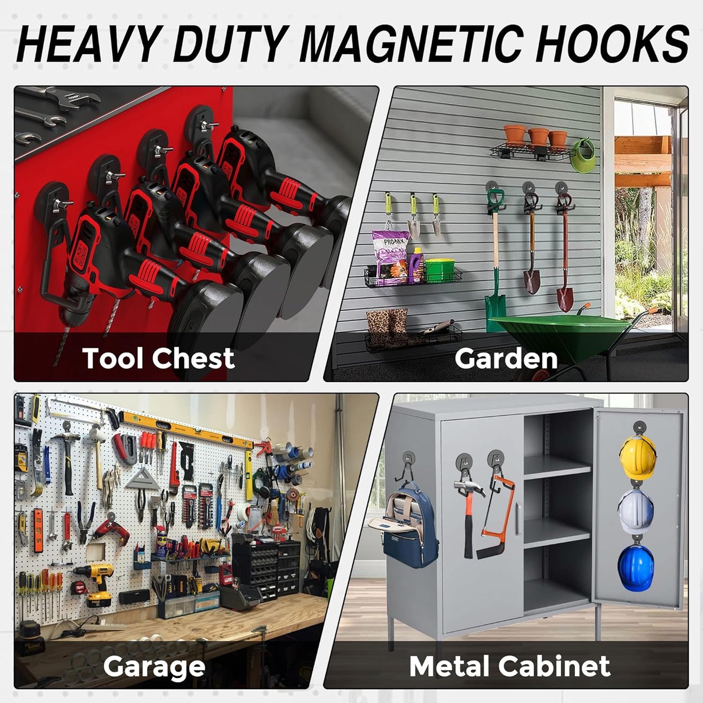 3Pcs Heavy Duty Storage Magnetic Utility Hooks Large Garage Strong Extra Magnet Hooks Hanger with Anti-Slip Coating Heavy Duty Magnetic Hooks for Hanging Power Dril Garage Garden Tools Black