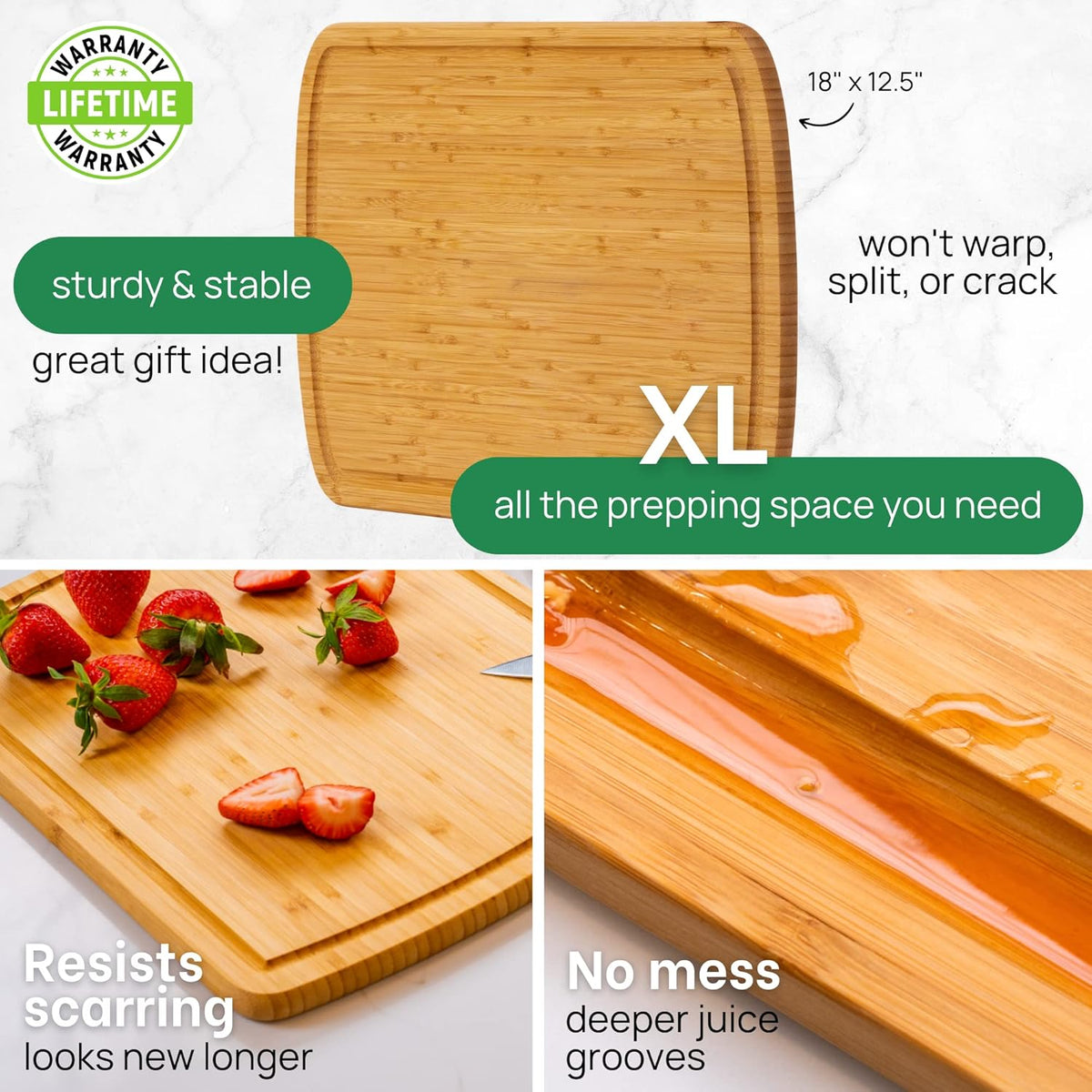 GREENER CHEF 18 Inch Extra Large Bamboo Cutting Board with Lifetime Replacements - Organic Wooden Butcher Block, XL Chopping Board for Kitchen, Meat, Vegetables, and Food Prep