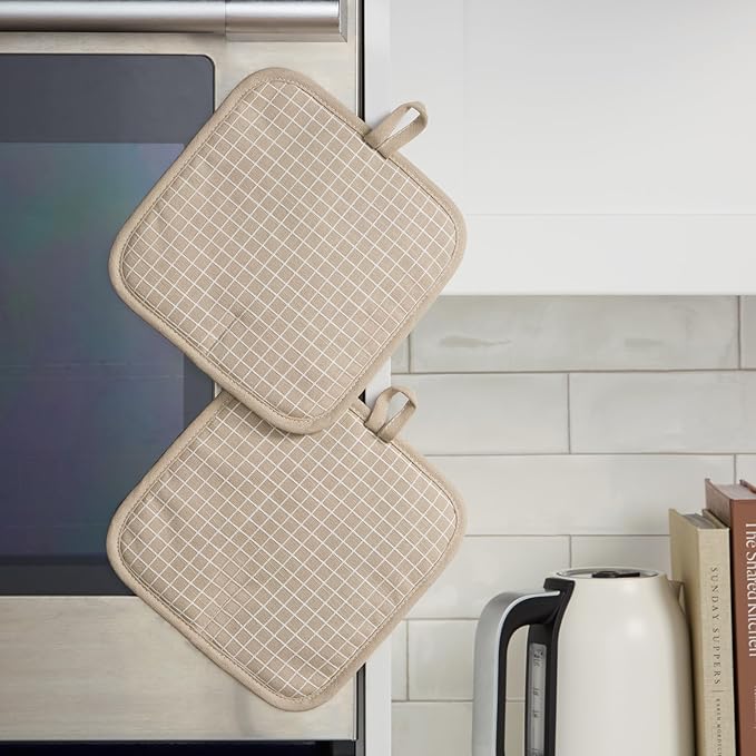 KITCHENAID Gourmet Series Gridlines Pot Holders 2-Pack Set, Heat Resistant up to 600°F, Soft Silicone Grip, Magnetic Cuff, Milkshake Tan, 8"x8"