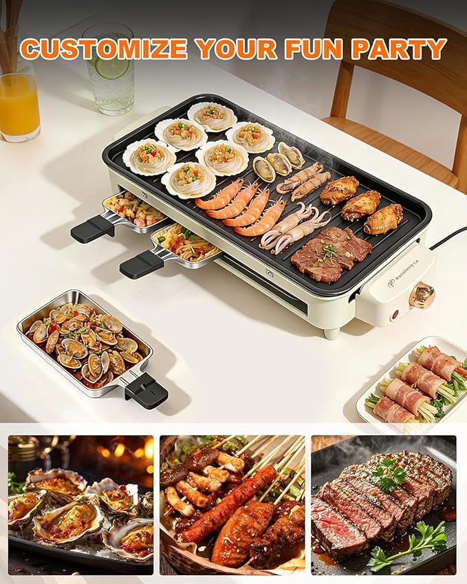 1500W Electric Indoor Grill, 3 in 1 Smokeless Korean Barbecue Grill with Net & Non-Stick Removable Plate and Velcro, Temperature Control & Dishwasher Safe, Smokeless Korean BBQ for Kitchen Party