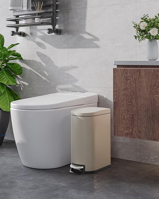 2.6 Gallon Bathroom Trash Can with Lid, Slim Step Pedal Garbage Bin, Stainless Steel Wastebasket with Soft-Close Lid, Removable Inner Bucket & Rear Handle for Bathroom, Office & Small Spaces-Beige
