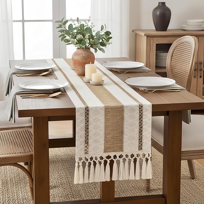 FEXIA Boho Table Runner for Hoilday Spring Home Decor with Tassels Pottery barn Furniture Farmhouse Rustic Macrame Burlap Table Decoration for Living Room (12x36 Inches)