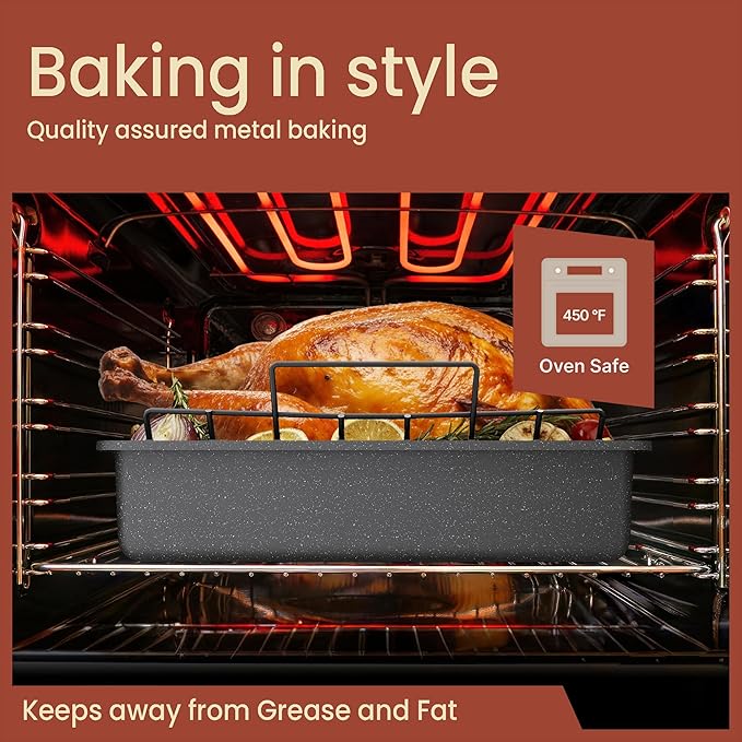 BAKKEN Nonstick Turkey Roasting Pan with Rack – Large Heavy-Duty Carbon Steel Roaster with Wide Handles, Ideal for Roasting, Baking & Grilling, Oven Safe up to 450°F, Gray Marble Finish 17 x 13-Inch