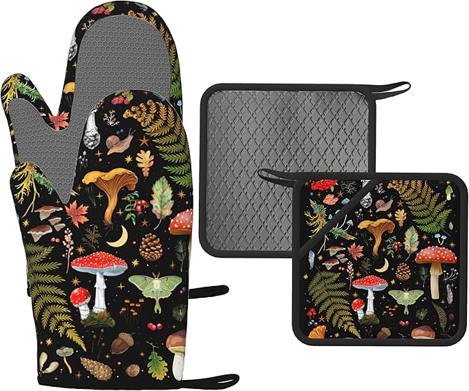 Mushroom Oven Mitts and Pot Holders Set Silicone Kitchen Gloves Potholders Heat Resistant for Chef Baking Cooking Grilling BBQ (Set of 4)