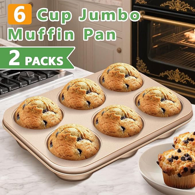 Kevenal Jumbo-Muffin-Pan - Nonstick 6-Cup Large Cupcake Pan, Heavy Duty Giant Muffin Baking Pan for Cupcakes, Oven Safe & Easy to Clean (Large Cup Size, 3.5 x 1.5in)