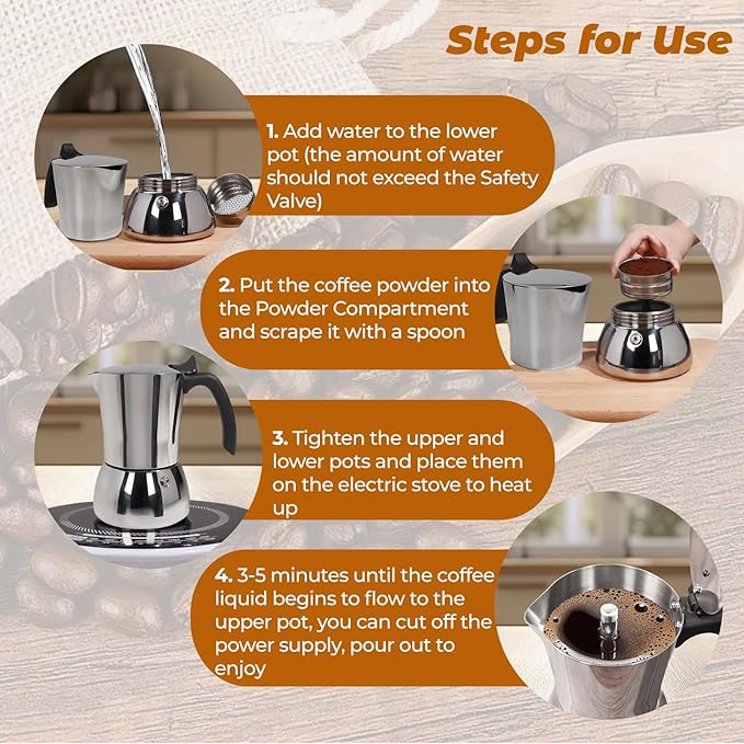 No Coating 6 Cup Thickened 304 Stainless Steel Moka Pot Stovetop Espresso Maker Italian Coffee Machine 300ml 10oz Suitable for Gas Induction Stovetop Greca Coffee Maker Percolator