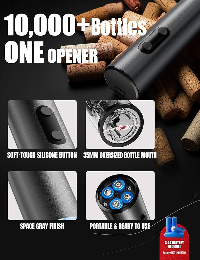 Electric Wine Opener Set, 5-in-1 Battery Operated Electric Bottle Opener With Foil Cutter, Wine Pourer, Vacuum Stopper and Storage Case. Ideal Gift for Wine Lovers, Free E-book included.