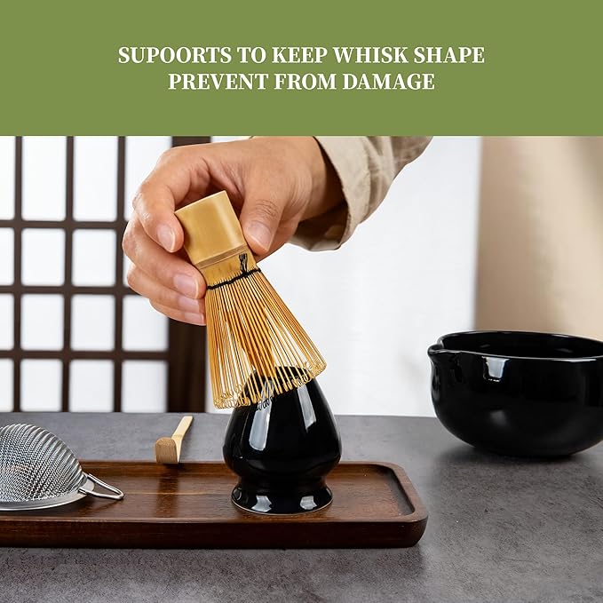 YIBO Matcha Whisk Set Black - Match Bowl with Spout and Whisk, Scoop, Sifter, Chasen Holder Measuring Spoon & Cup Kit for Matcha Tea Ceremony Tools