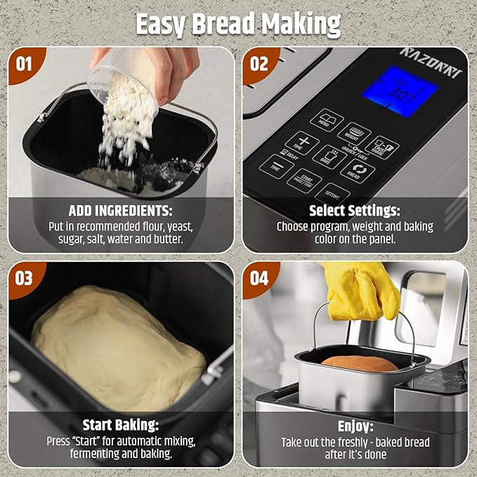 Razorri Bread Maker Machine, 2LB 18-in-1 Programmable Stainless Steel Homemade Bread Machine with Gluten-Free, Auto Nut Dispenser, 15H Delayed-start, 1H Keep Warm, 3 Crust Colors and 3 Loaf Sizes