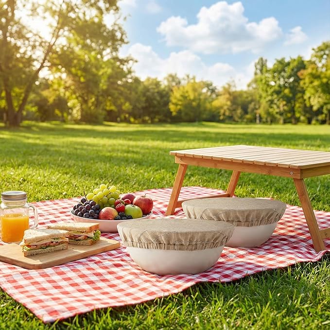 100% Pure Linen Bowl Covers For Bread Proofing, 2 Pcs 12 Inches Elastic Reusable Bowl Covers Large Ticking Striped Cloth Fabric Stretch Sourdough Lids