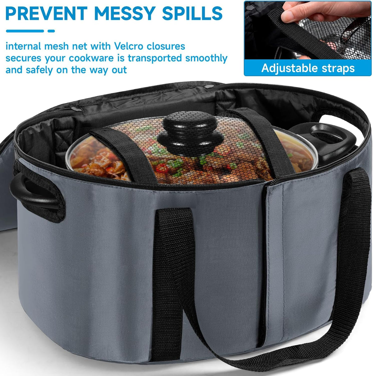 Portable Slow Cooker Travel Bag, Isulated Carrier Case Tote for 4-8 Quart Crock Carrier Compatible with Else Brands, Internal Mesh Net Holds Pot in Place, For Travel, Outdoor, Picnic, Grey