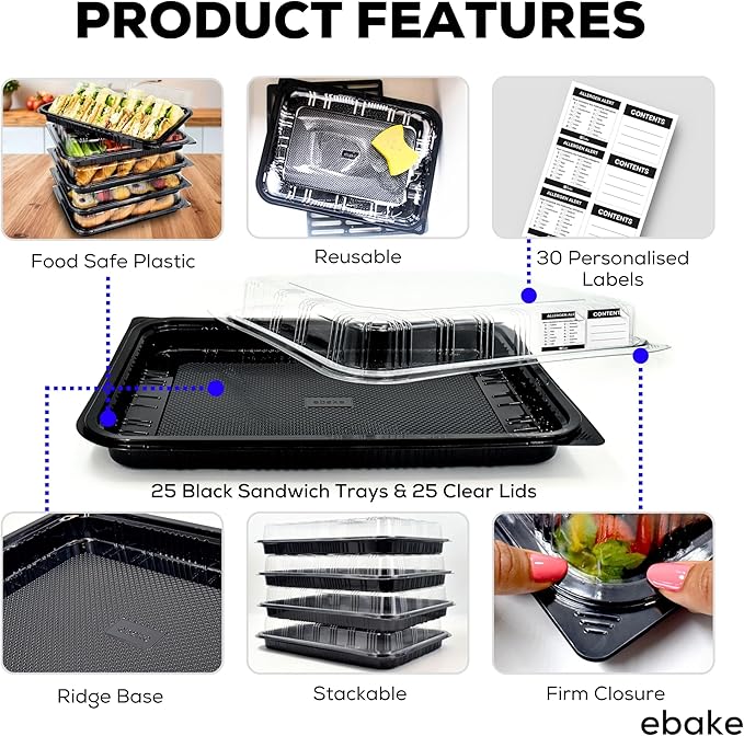 25 Pack Catering Trays with Lids – 15" Serving Tray with Lid, Heavy Duty Recyclable Plastic Party Platters for Catering, Buffet, Picnics & Events – Food Tray with Clear Lid (15.35 × 11.42 × 2.95 inch)