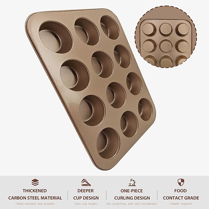 Satax Muffin Pan for Baking, Nonstick Cupcake Tin 12 Cup,sets of 2,Heavy Duty Steel Muffin Pan (Gold, 12-cup)