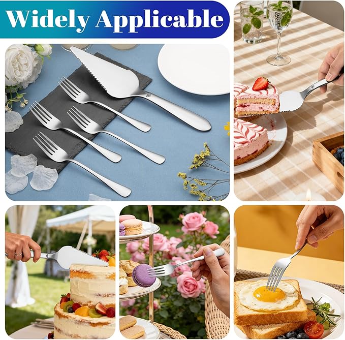 Eisinly 1 Pcs Cake Pie Server and 4 Forks Set for Wedding, Elegant Pizza Slicer Server Set with Stainless Steel Big Serrated Edges, Cake Cutter Pie Spatula for Birthday Anniversary, Silver