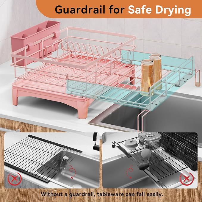 Laveshop Dish Drying Rack - Expandable Rack, Large Capacity Dish Drainer for Kitchen Counter, Rust-Proof with Utensil Holder, Pink