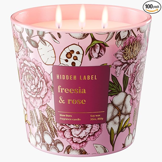 Freesia Rose Scented Candle, 30oz 3-Wick Natural Soy Wax, Up to 100 Hours Long-Lasting Clean Burn, Non Toxic Large Jar Aromatherapy Candle, Freesia Rose, Gifts for Women