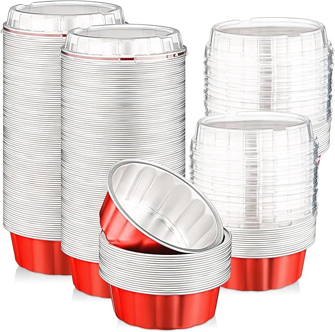 Tessco for you 100 Pcs Disposable Ramekins with Lids 8 oz Creme Brulee Ramekin Aluminum Foil Cup Cupcake Liner Baking Valentines Disposable Muffin Tin Pan Cheesecake Container (Red,Silver)