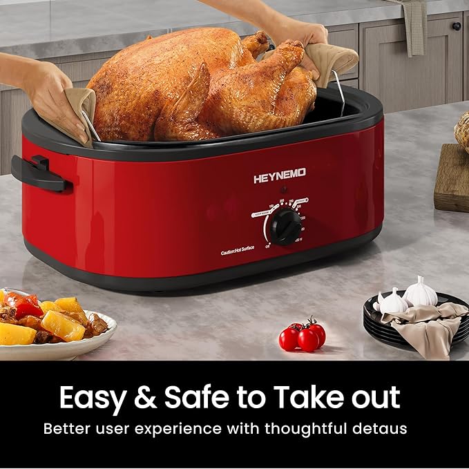 18 Quart Roaster Oven with Self-Basting Lid, Electric Turkey Roaster Oven with Defrost & Warm Function, Adjustable Temperature, Removable Pan & Rack, Stainless Steel, Red