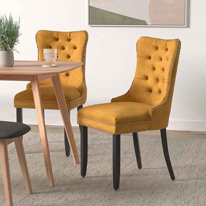 Velvet Dining Chairs Set of 2, Upholstered Dining Room Chairs with Back Ring Pull Trim and Solid Wood Legs,Tufted Wingback Kitchen Chair Perfect for Dining Room,Living Room,Kitchen(Gold)