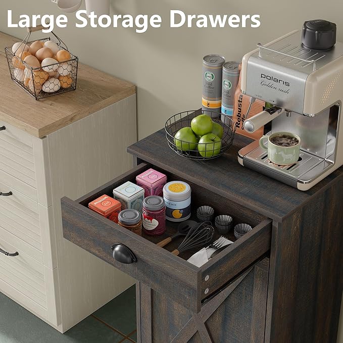 Furniouse Single Tilt Out Trash Can Cabinet with Drawer, 10 Gallon Wood Garbage Cabinet for Kitchen, Dark Brown