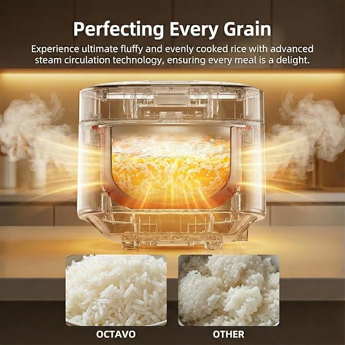 OCTAVO Low Carb Rice Cooker, 5-Cup Uncooked Stainless Steel Inner Pot, Low Sugar Rice Maker with 24H Timer and Auto Keep Warm, Small Rice Maker LED Display, White Rice/Brown Rice/Grains/Oatmeal, Bead-blasted