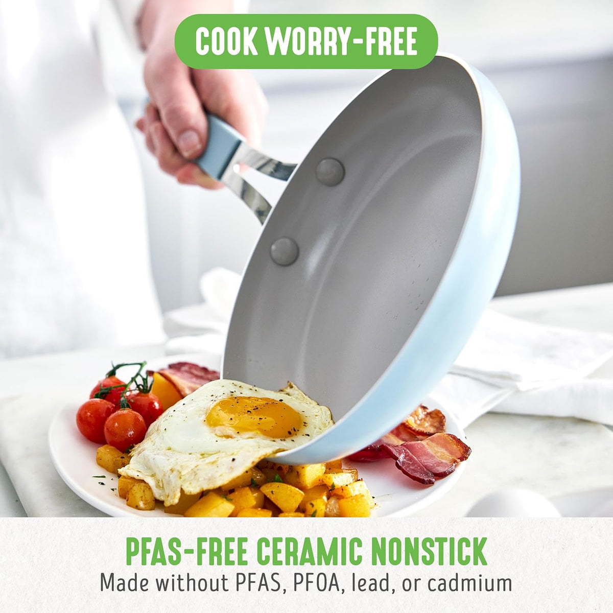 GreenLife 10-Piece Nonstick Ceramic Cookware Set, Lightweight Healthy PFAS-Free Pots & Pans with Lids, Dishwasher & Oven Safe, Durable Body, Silicone Stay-Cool Handles, Easy Release, Blue Haze