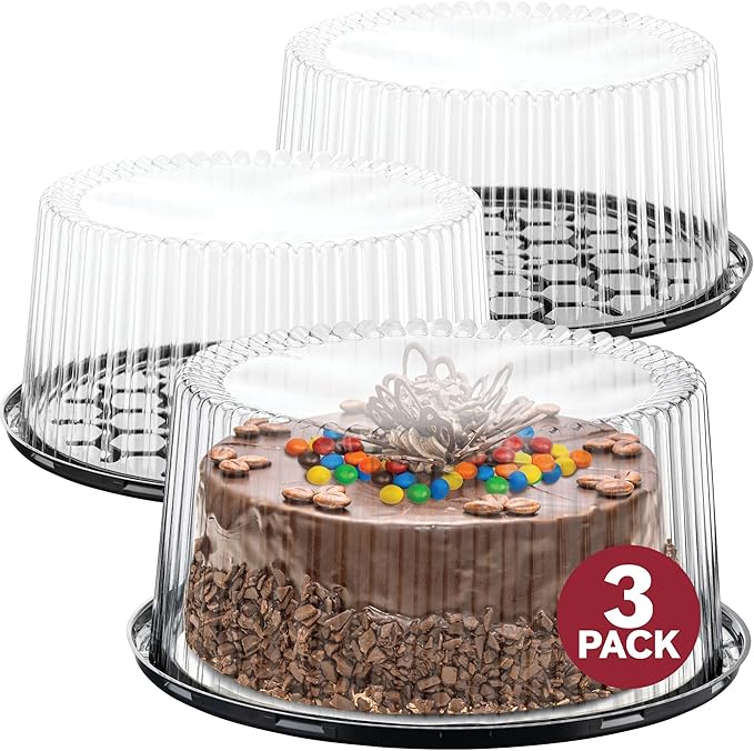 9" Plastic Disposable Cake Containers Carriers with Dome Lids and Cake Boards | 3 Round Cake Carriers for Transport | Clear Bundt Cake Boxes/Cover | 2-3 Layer Cake Holder Display Containers