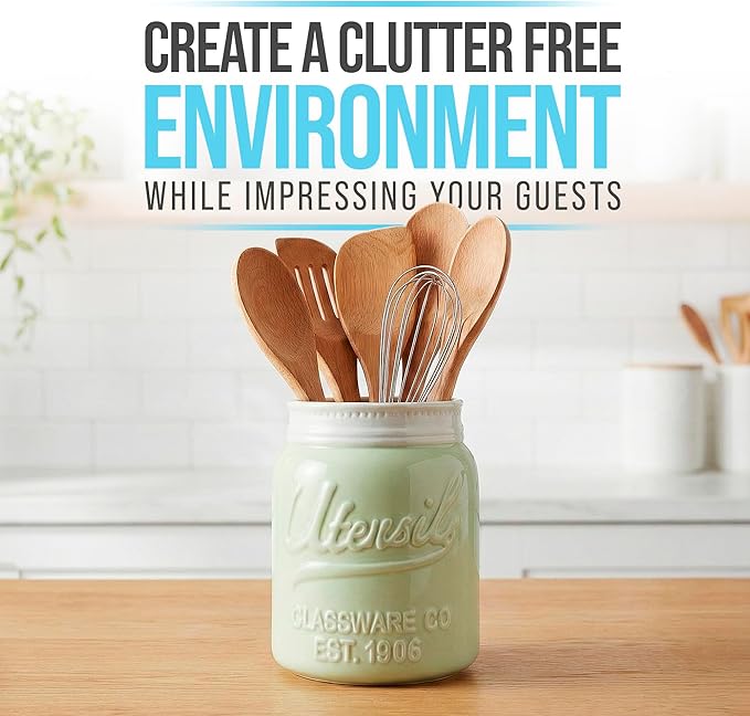 Comfify Wide Mouth Mason Jar Utensil Holder Decorative Kitchenware Organizer Crock, Dishwasher Safe - Kitchen Caddy Green, Large Size 7" Hight