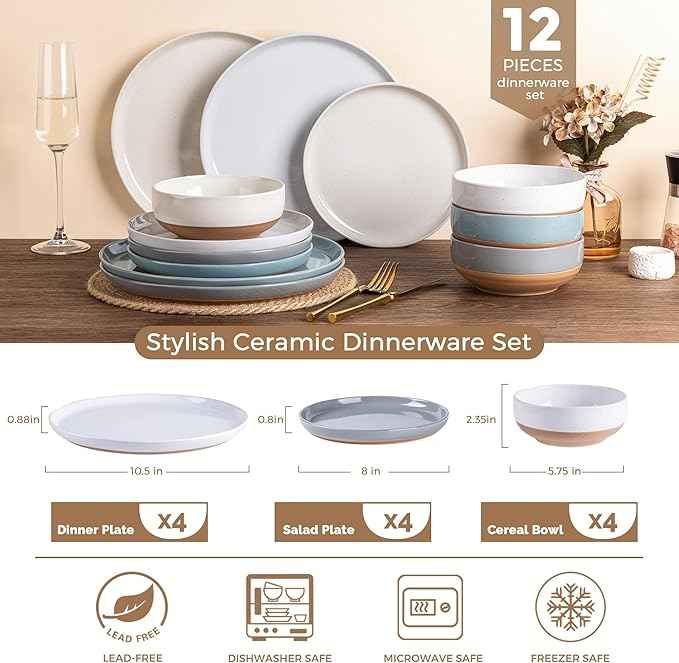 AmorArc Ceramic Dinnerware Sets for 4, 12 Pieces Handpainted Plates and Bowls Set with Rustic Terracotta Underside, Scratch Resistant Stoneware Dishes Set, Dishwasher & Microwave Safe, Multi-Color